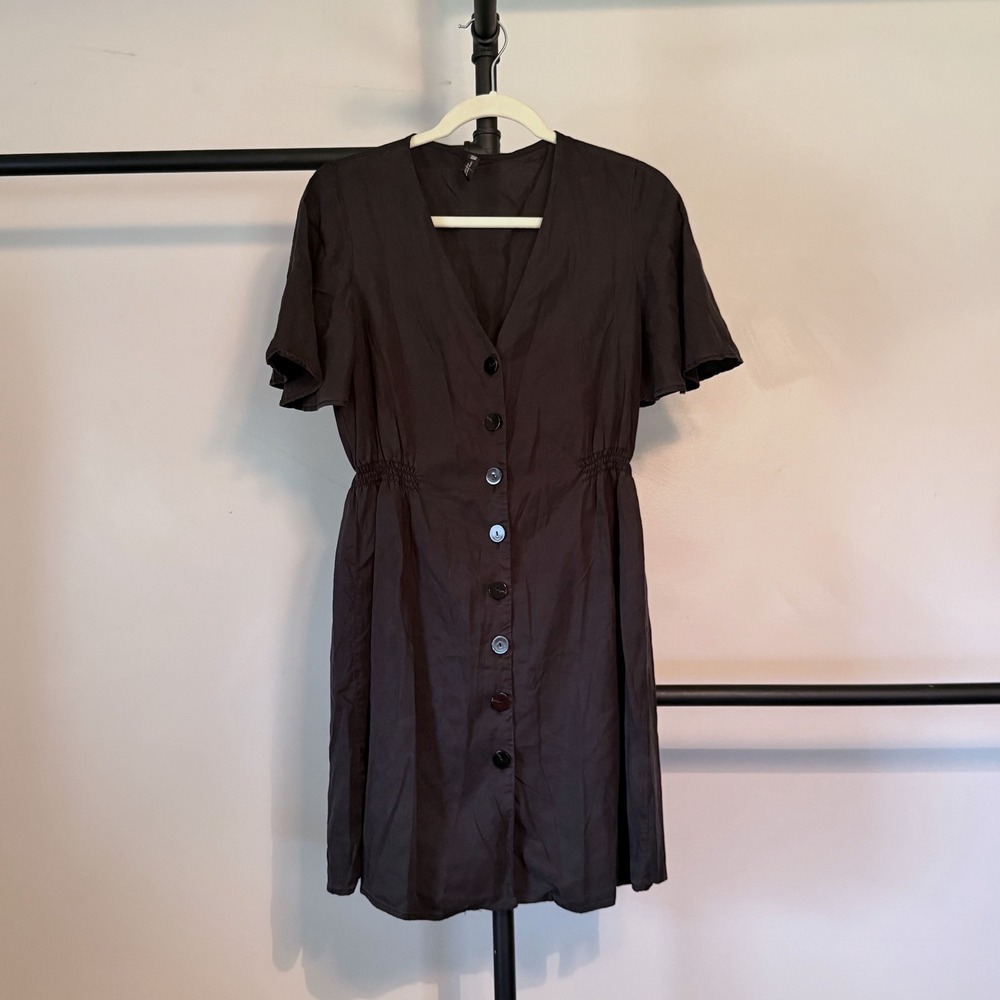 Zara Black Lyocell Button Front Smocked Mini Dress Medium V-Neck Flutter Sleeve